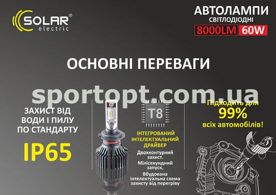 LED автолампа Solar H4 12/24V 6500K 8000Lm 60W ZES Chip