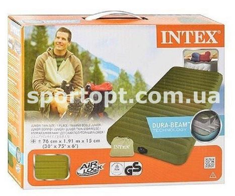 Односпальний надувний матрац Intex + вбудований насос АКБ/12V/USB 99x191x20 см (68727)